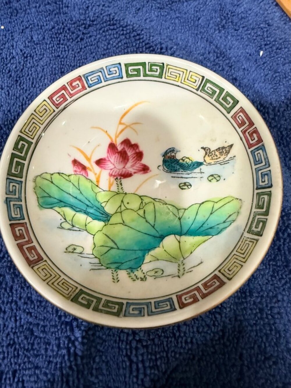 Vintage Hand-Painted Ceramic Plate With Lotus Flowers & Ducks Asian-Inspired Des